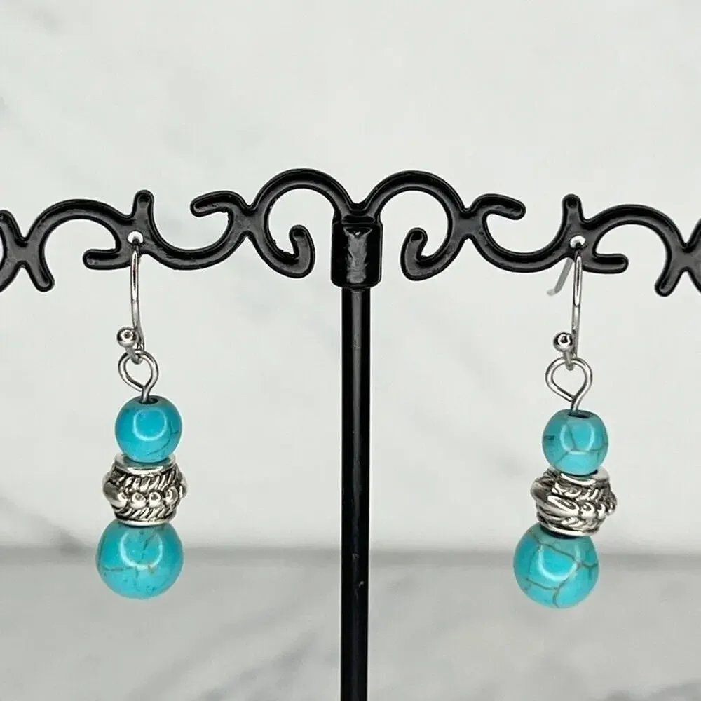 Silver Tone Faux Turquoise Beaded Dangle Earrings Pierced Pair